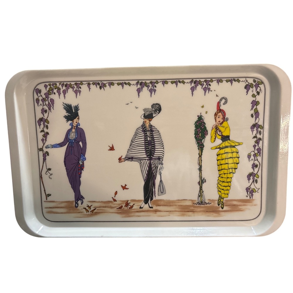 Vintage Art Deco Style Serving Tray Ladies Fashion Illustration Grapes White
